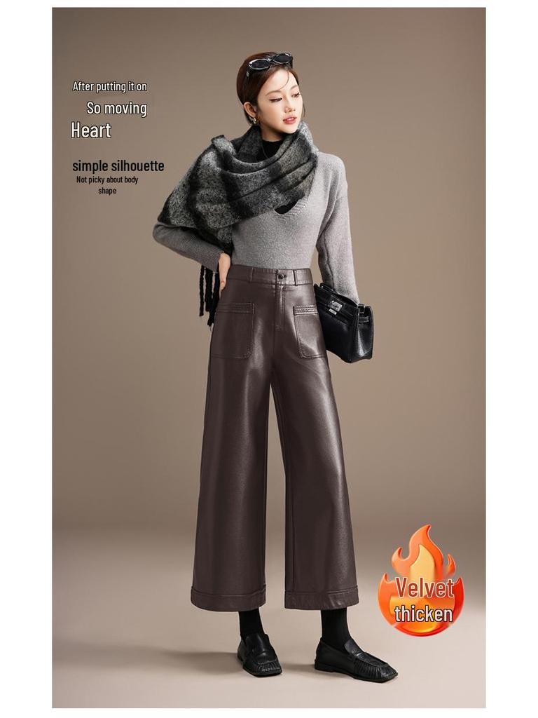 Pantalones de Cuero de Pierna Ancha Talla Grande de Cintura Alta para Mujer - Diseño Casual Recto de Terciopelo Corto Otoño/Invierno