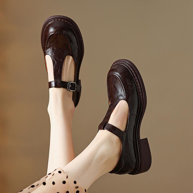 Krazing Pot Sheepskin Round Toe Size 42 Thick Med Heels Slip on Platform Gladiator Metal Buckle Autumn Pumps