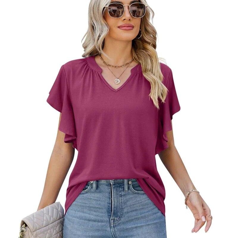 2026 Summer Casual Ruffled Edge Women Tshirt V-neck Fashion Solid Color Tee Shirts Elegant Pleated Loose Simple Blouse 30610