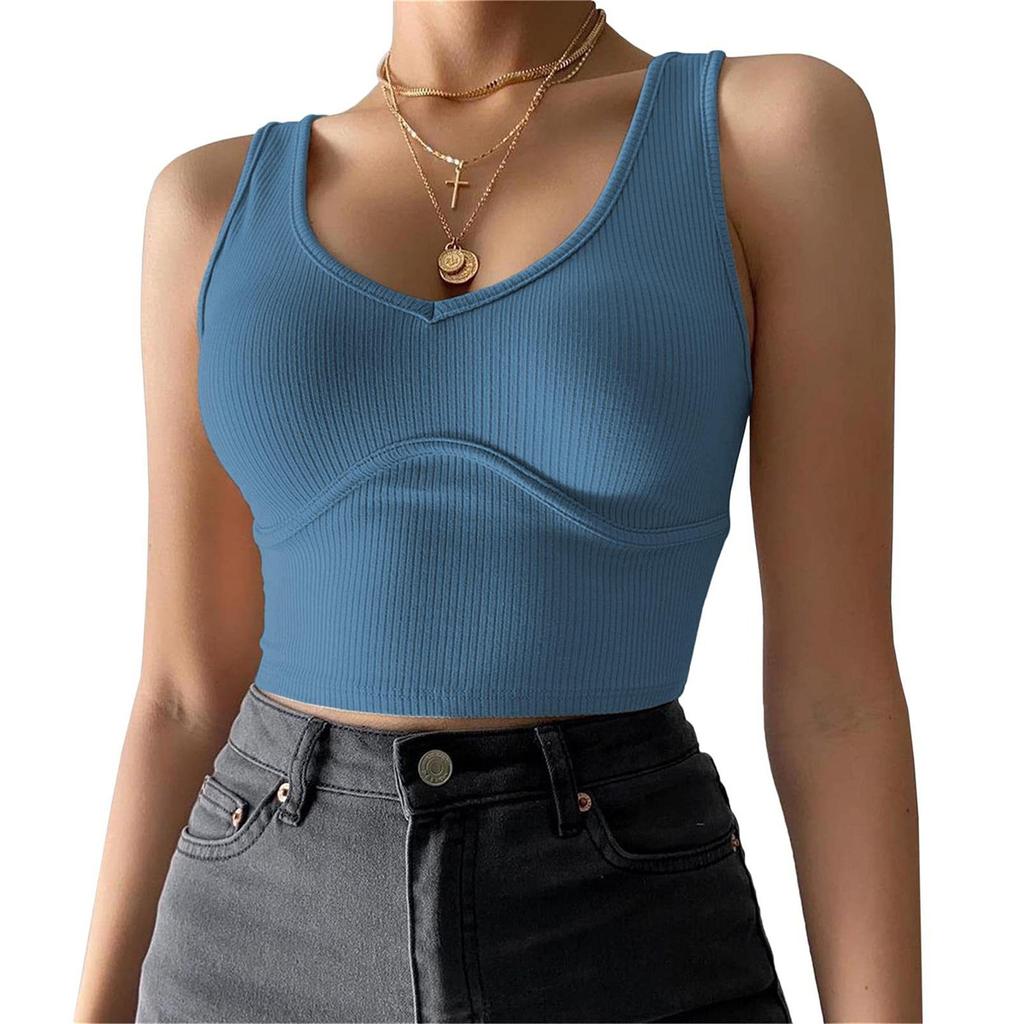 Ladies Casual Solid Color Sexy Deep V-neck Navel Bust Stitching Stretch Knit Vest
