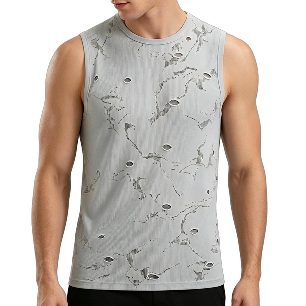 Men's Sleeveless Athletic Tank Top Lightweight Breathable Knitted Running Fitness Gym Outdoor Sportswear with Distressed Design
