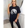 Black Oversized T Shirt With Cat And Moon Print For Casual Wear