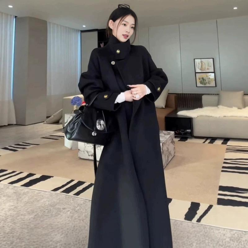 Black woolen coat women's new winter thickened lace-up long woolen coat