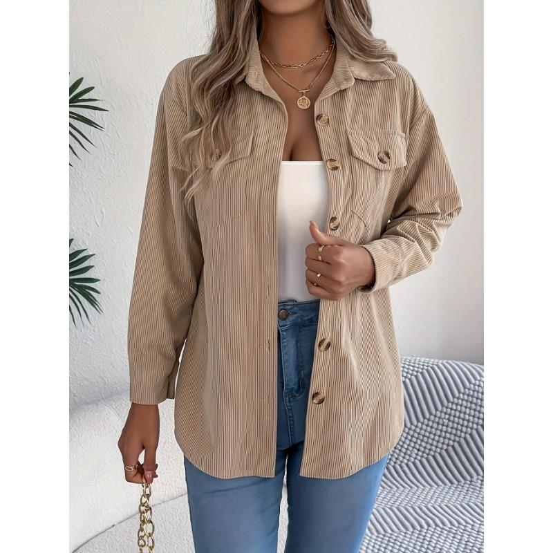 Women's Elegant Non-Stretchy Corduroy blouse - Formal Everyday Chic Shirt in, Button-Front Placket, All-Season Women's Clothing, Casual Outfits