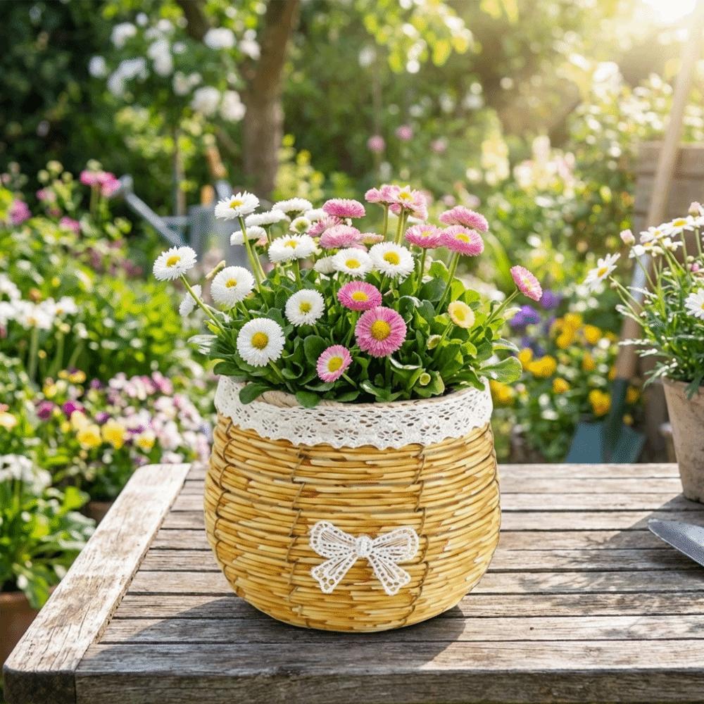 Home Decoration Rustic Woven Flower Basket Plastic Sturdy Flower Arrangement Basket Simple Flowerpot Flower Arrangement