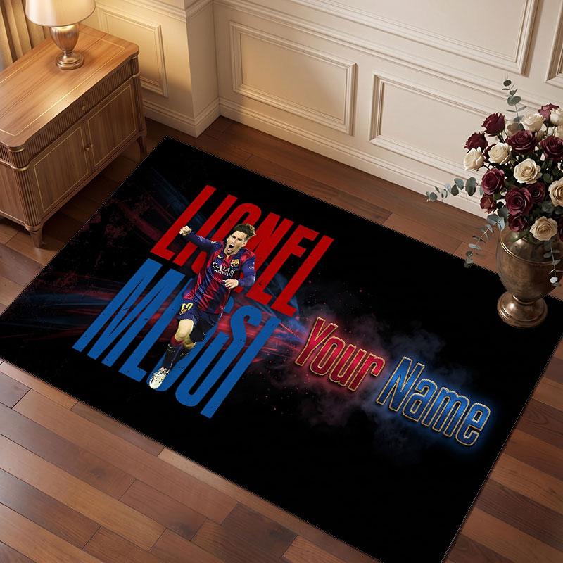 Tappeto Personalizzato in Velluto di Cristallo Lionel Messi, Stampa Testo Nome Personalizzato, Logo Calcio Morbido Antiscivolo Tappetino per Pavimento Decorazione Casa Regalo