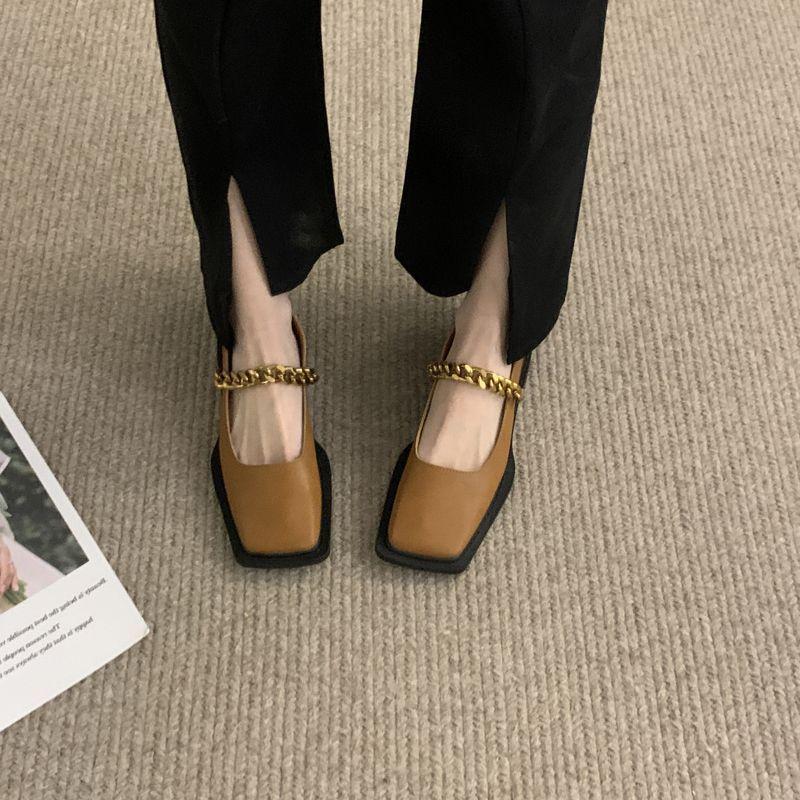 Metallkette quadratischer Kopf Retro Slipper einzelne Damen Herbst 2025 neue britische vielseitige Mary Jane kleine Lederschuhe Damen