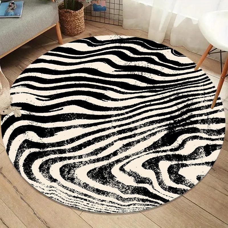 Zebra Print Round Carpet Symmetrical Black White Pattern Rug for Living Room Bedroom Non Slip Floor Mat Contemporary Home Decor