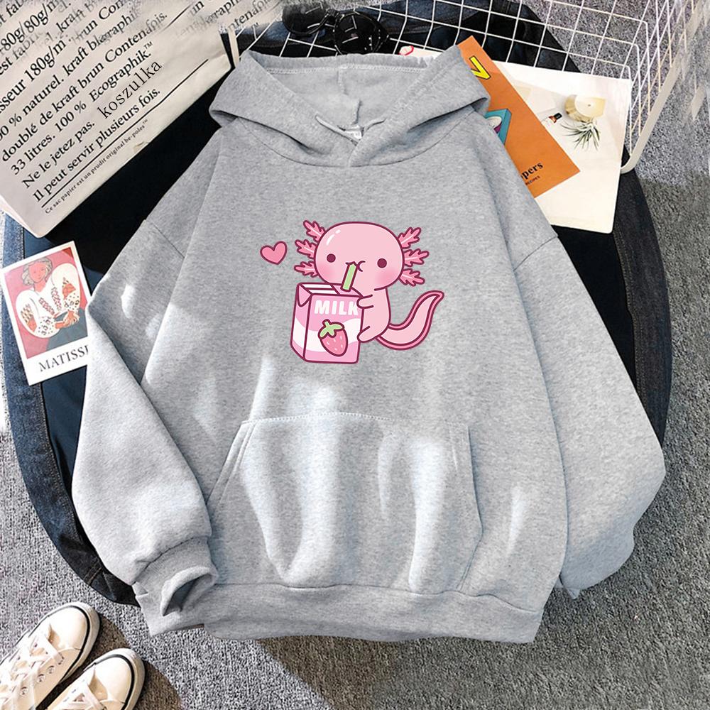 Anime Axolotl Loves Strawberry Milk Doodle Hoodie Kawaii Hoodies Winter Women Spring/Autumn Unisex Sweatshirt Harajuku Sudaderas