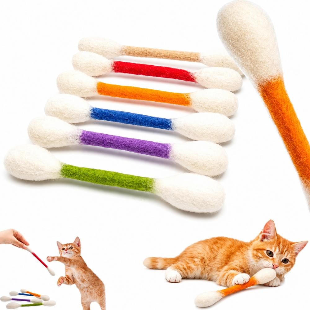 6pcs Wool Felt Cotton Swab Cat Teaser Toy Double End Bite Stick For Indoor Cats Interactive Chew Play Soft Touch Toy For Kittens