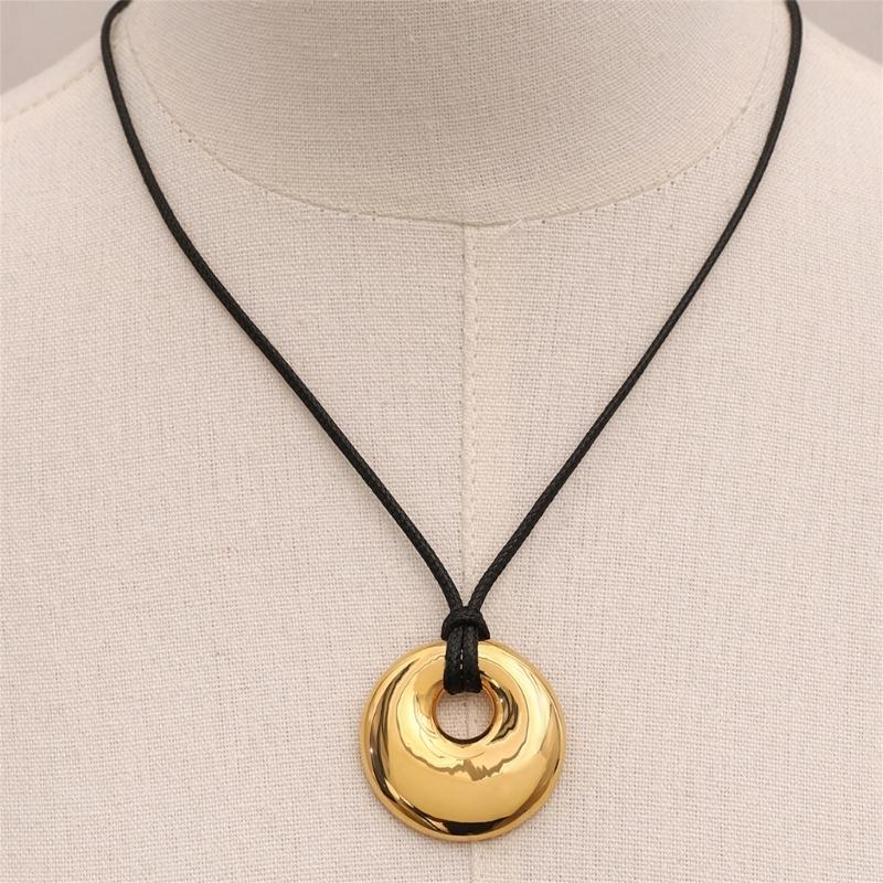 Stylish Black Cord Necklace With Leather Pendant Modern Jewelry Comfortable Black Rope Necklace For Women Everyday Wear