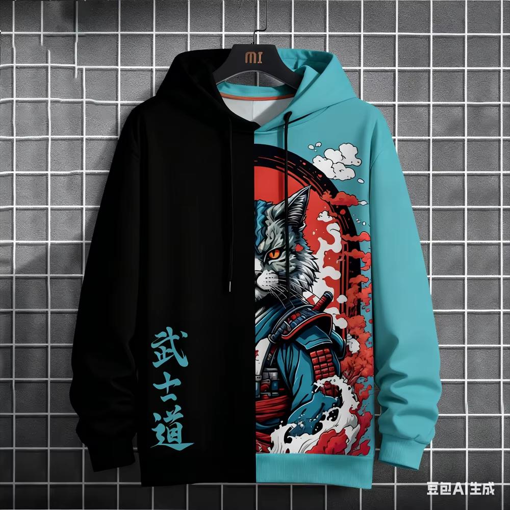 Bushido Sports Men's Hoodie, Funny 3D Samurai Cat Pattern Autumn Winter Casual Loose Streetwear