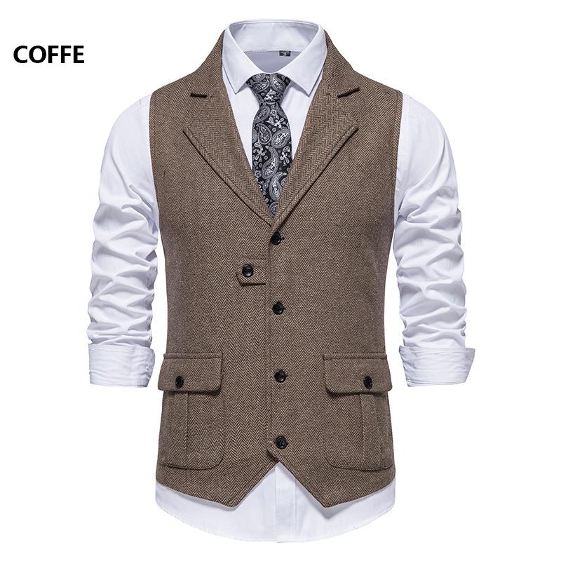 Mens Wool Mix Herringbone Tweed Check Vintage Collar Waistcoat Tailored Fit Vest