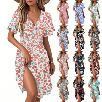 Damen Casual Fashion Kleid Vintage Floral Floral Kurzarm V-Ausschnitt Kleid
