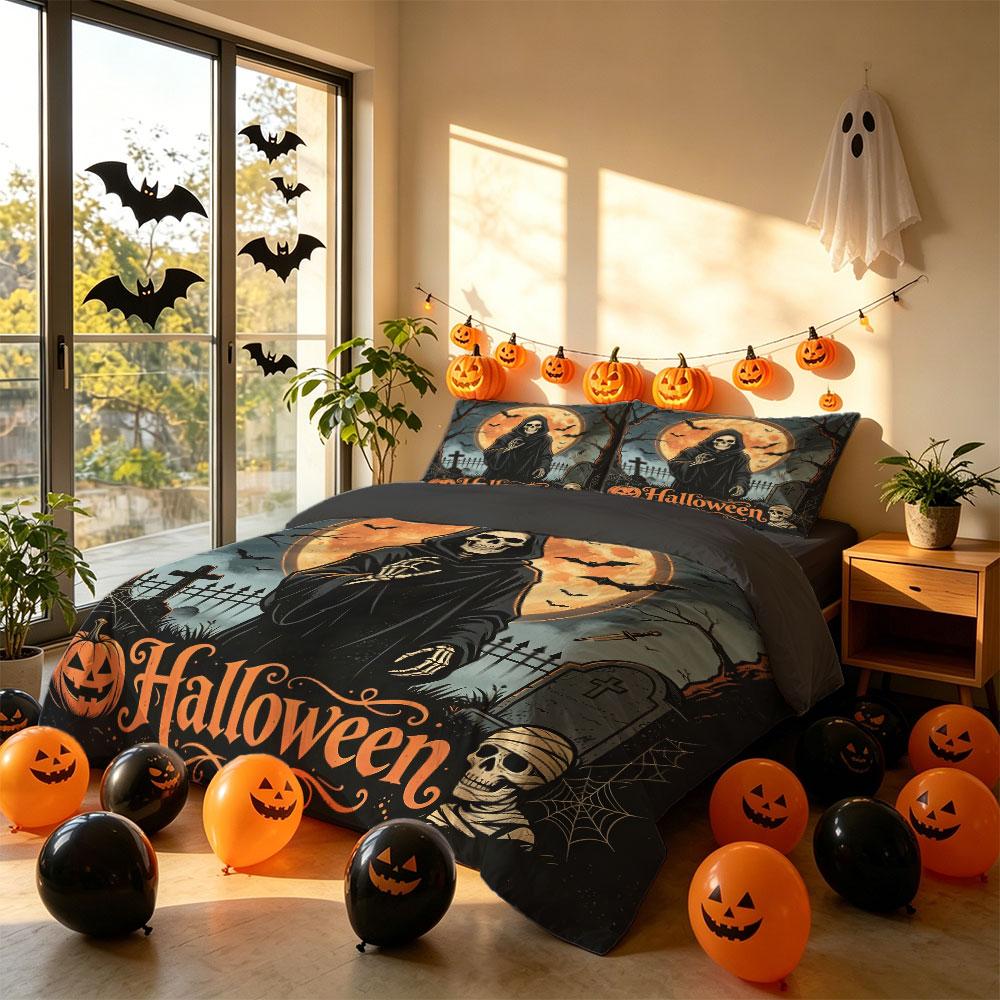 Halloween Grim Reaper Full Moon Bat 3Pcs Duvet Cover Set Spooky Gothic Horror Bedding Bedroom Decor