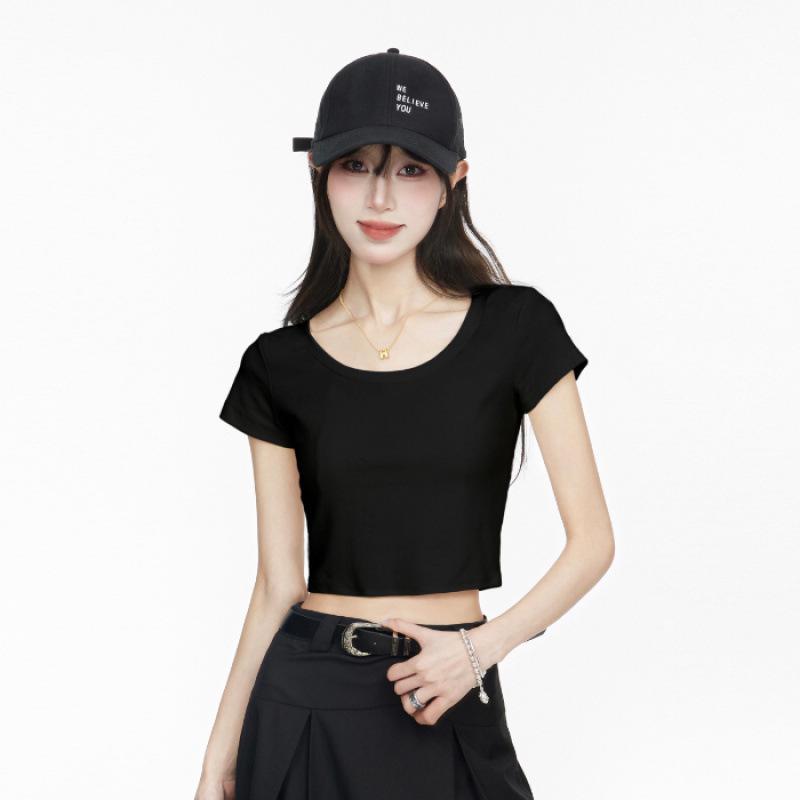 Black Front Shoulder Short-sleeved T-shirt Spice Girl Style Summer New Waist Thin Versatile Simple Short Top