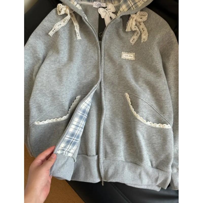 Women Cute Bow Long Sleeve Sweatshirt Lace Patchwork Hoodies Sweet Loose Long Gray Outwear
