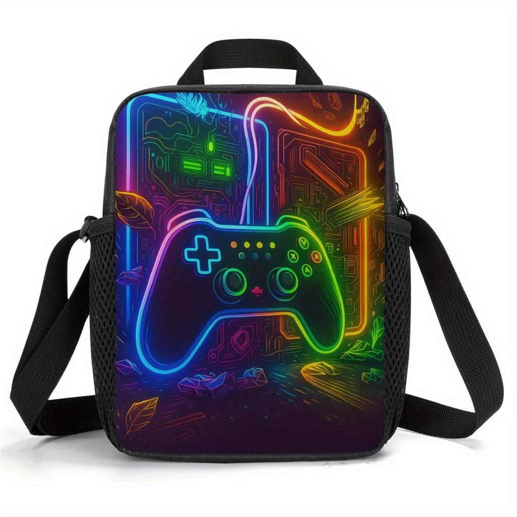 Isolierte Lunchtasche mit Neon-Spielecontroller-Design - Kühlertasche ohne Lebensmittelkontakt, Langlebige Polyester-Thermotasche mit Schultergurt
