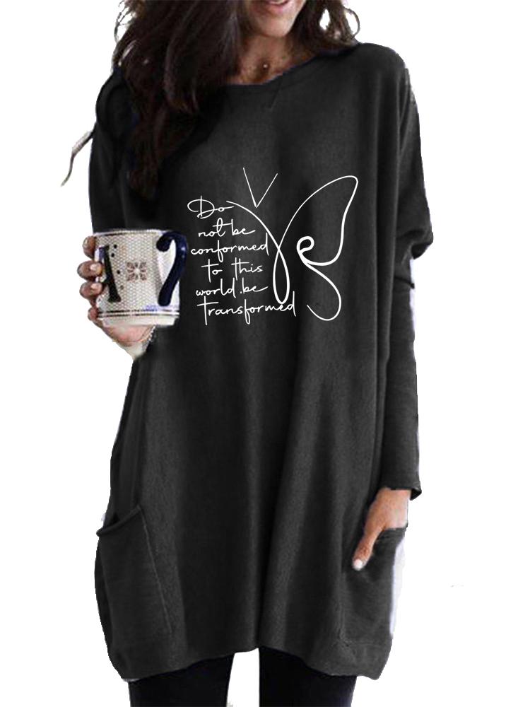Women's Long Tunic with Pockets Loose Fit Printed Logn Sleeve Top