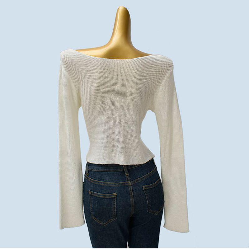 off-Shoulder Collar Long Sleeve Knit Spring Summer Pure Desire Sexy Gyaru Style Loose High Waist Short Cover Up Pullover Top