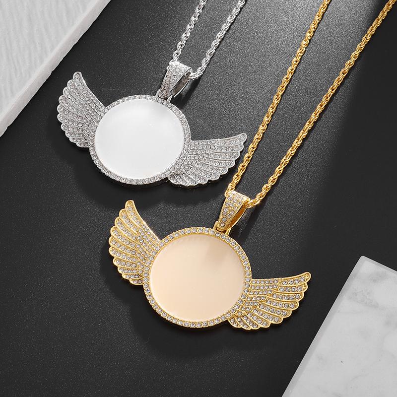 Angel Wings Mirror Photo Memorial Pendant Inlaid with Ice Crystal Zirconia Necklace Couple Trendy Jewelry Birthday Gift