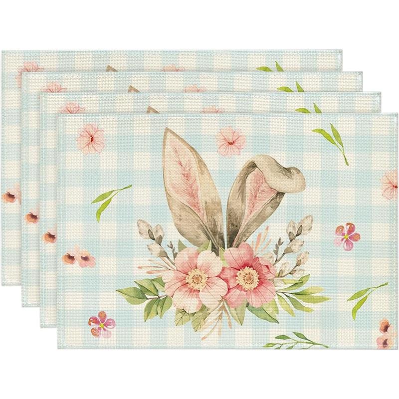 Easter Bunny Placemats Watercolor Floral Table Decor Non-Slip Heat Resistant Dinner Mat Spring Holiday Home Decor Tableware Pad