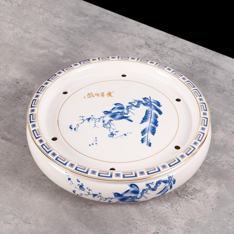 14-inch Ceramic Round Tea Tray for Gongfu Tea, with Double-Layer Water Storage