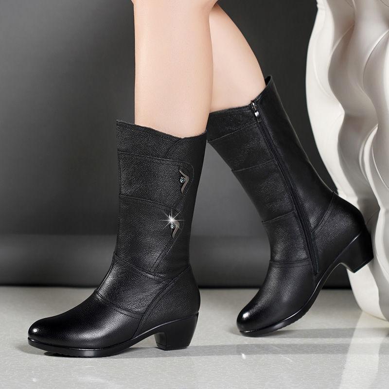 Fashion Mid-Calf Boots Women's Round Toe Square Heel Side Zipper Solid Color Women Shoes Warm Plus Size Outdoor Anti-Skid Boots