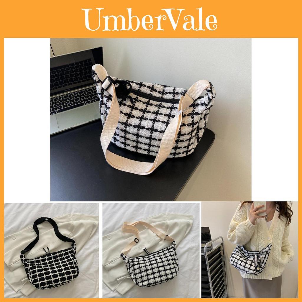 Stylish Urban Chic Plaid Pattern Woolen Crossbody Bag For Women In Black Or White
