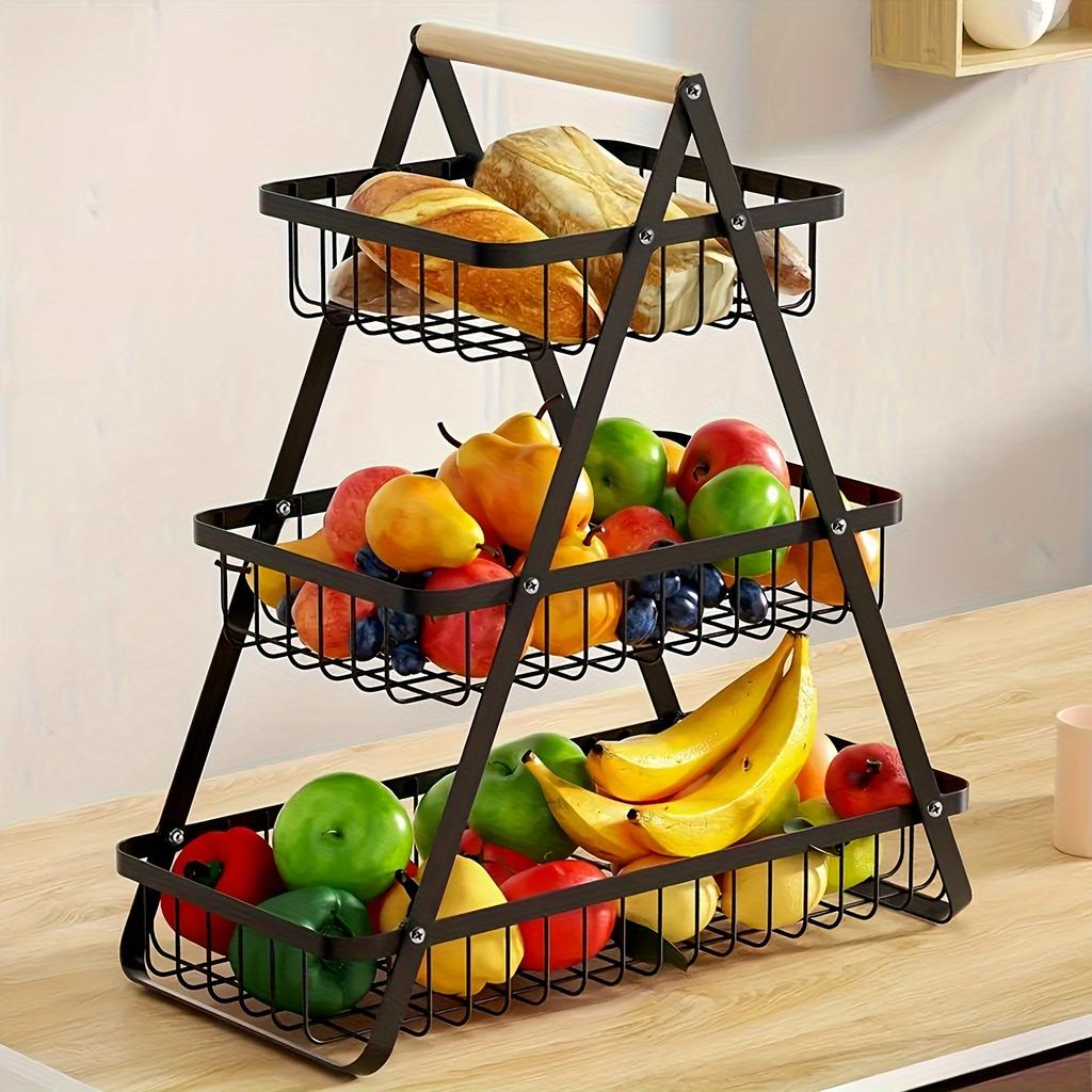 Detachable Assembly Convenient StorageWooden Handbasket Wrought Iron Fruit Basket Kitchen Living Room Storage Basket
