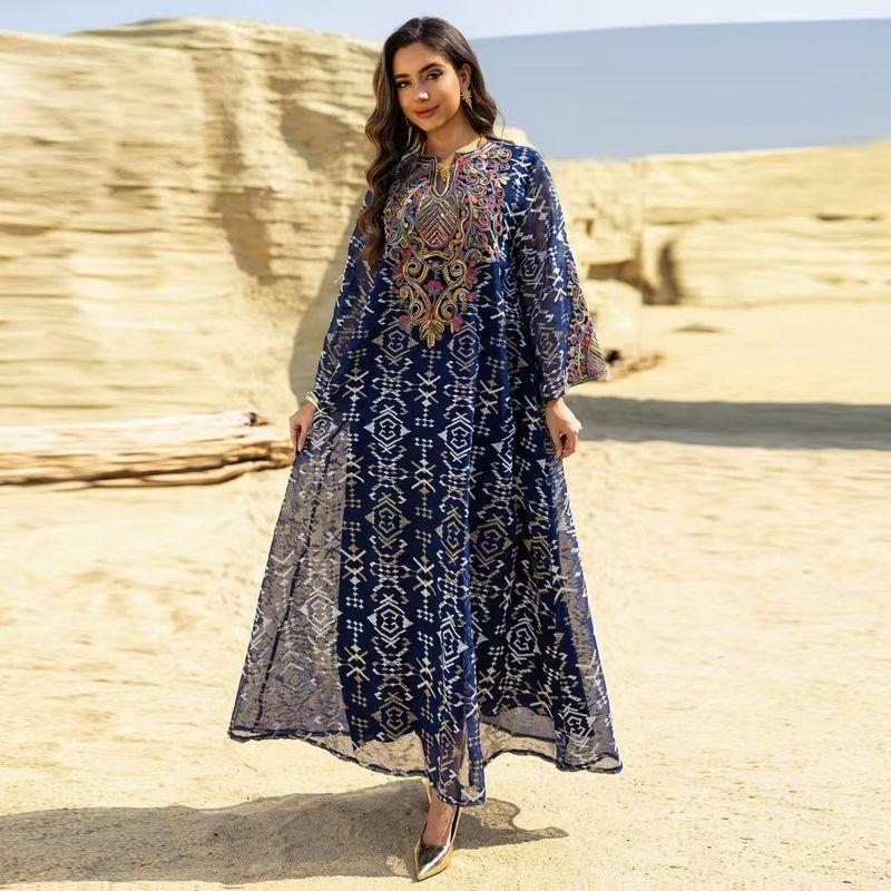New Middle East Fashion Mesh Embroidery Embroidered Patchwork Robe Dress Mesh Embroidered Dress