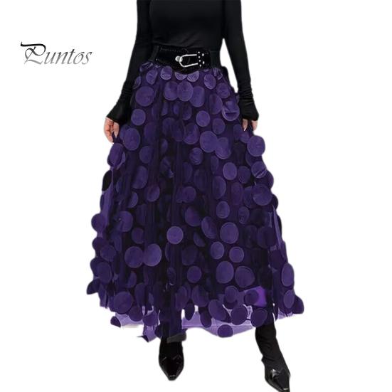 Women Summer Maxi Skirt Retro A-Line Large Hem Skirt Solid Color 3D Dot Decor High Waist Long Skirt