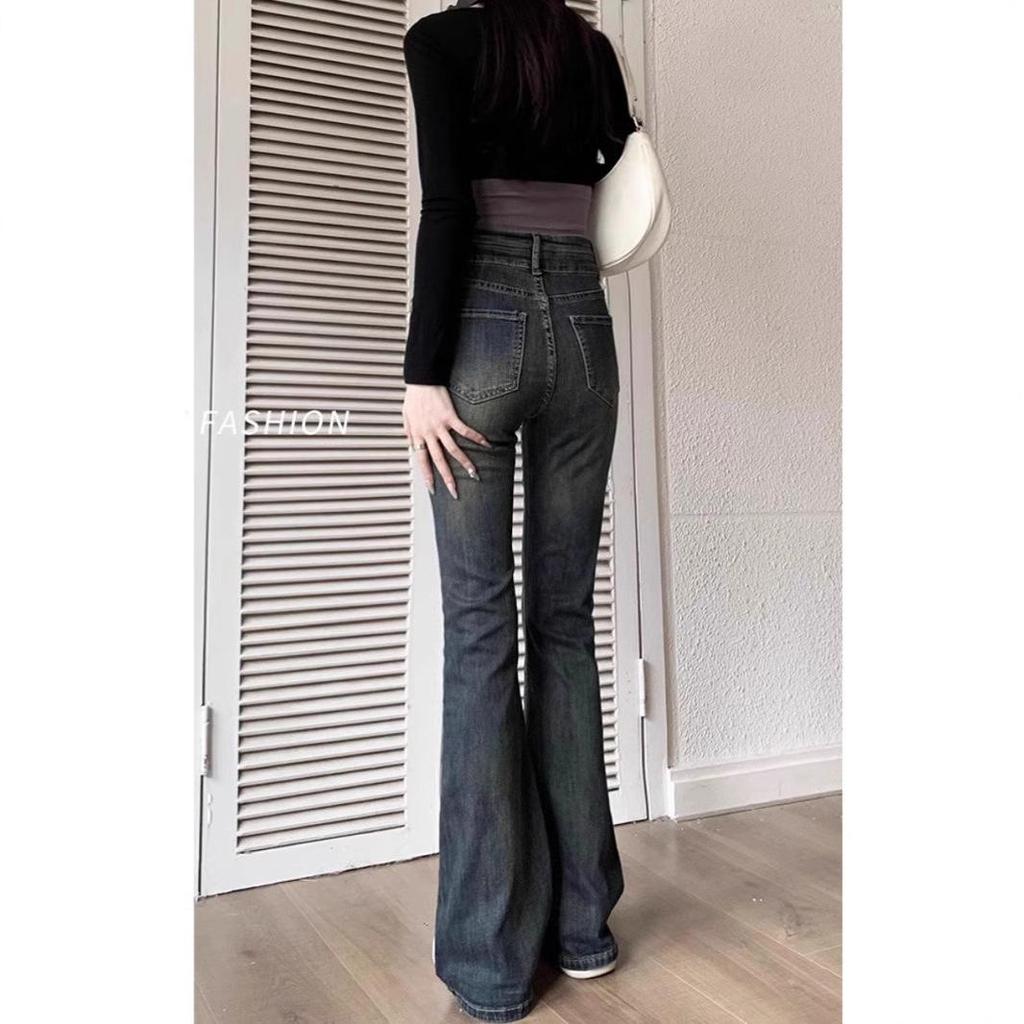 Petite Cement Gray Micro-Flare Jeans for Women - High Waist, Fleece-Lined Retro Trousers for Autumn/Winter.