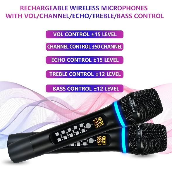 Duale kabellose Mikrofone, wiederaufladbar, UHF-Metall-Funkmikrofonsystem, kabelloses professionelles Mikrofon mit Echo Treble BASS VOL Kanalsteuerung