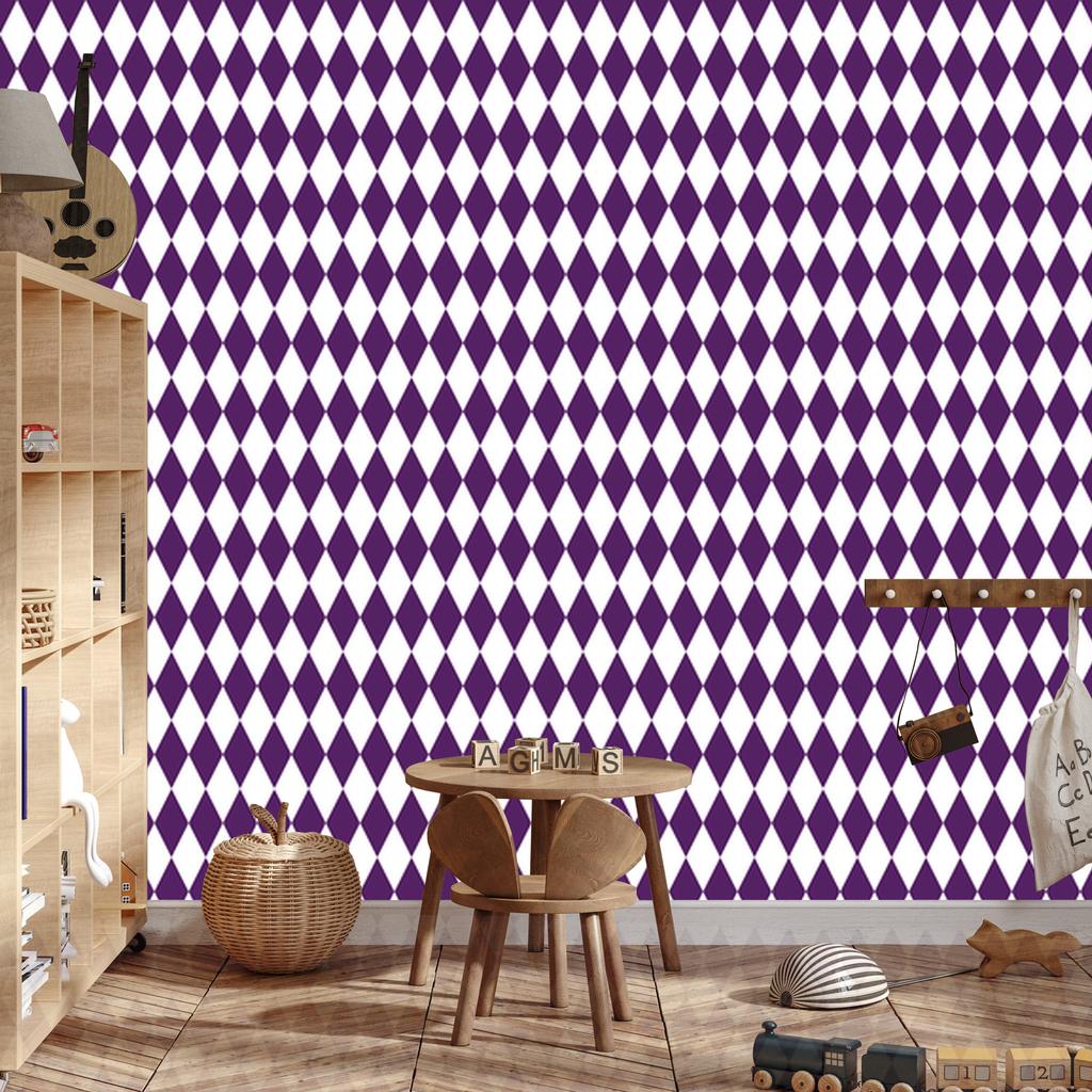 Harlequin Diamonds Wallpaper Light Gray, White, Plum, and Purple 50x1000