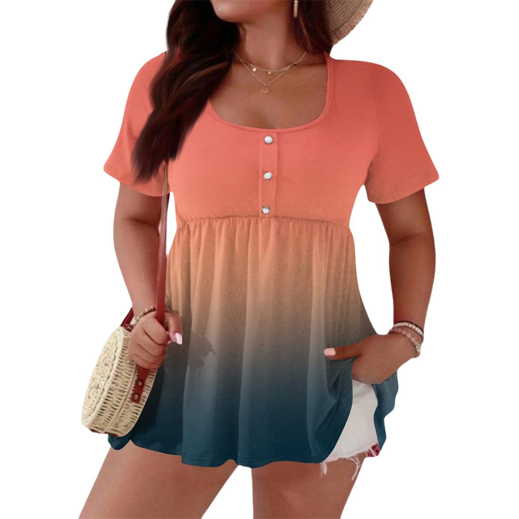 Women's Fashionable Casual Short Sleeve Loose Fit Button Front Printed Blouse