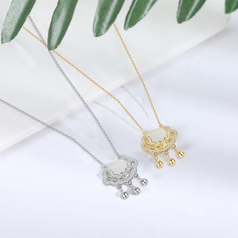 Japanese Korean White Chalcedony Longevity Peace Lock Necklace with Bell Pendant - Niche Design for Women