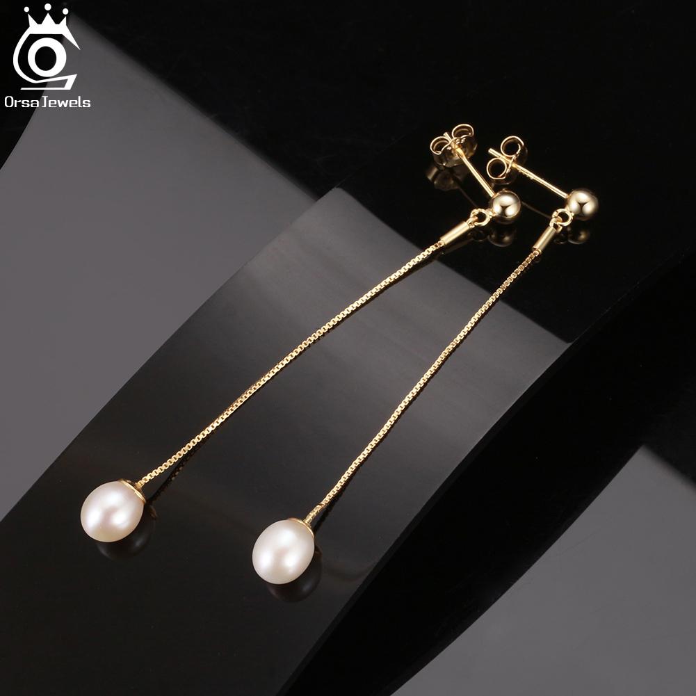 ORSA JEWELS 925 Sterling Silver Natural Cultured Pearl Long Chain Earrings for Women Tassel Pearl Earrings Party Jewelry GPE21