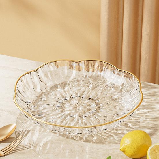 Clear Plastic Serving Bowl, Modern Fruit Bowl with Gold Rim, Multi-use Decorative Snack Bowl for Counter Home Decoration, Kitchen Dining Room Table