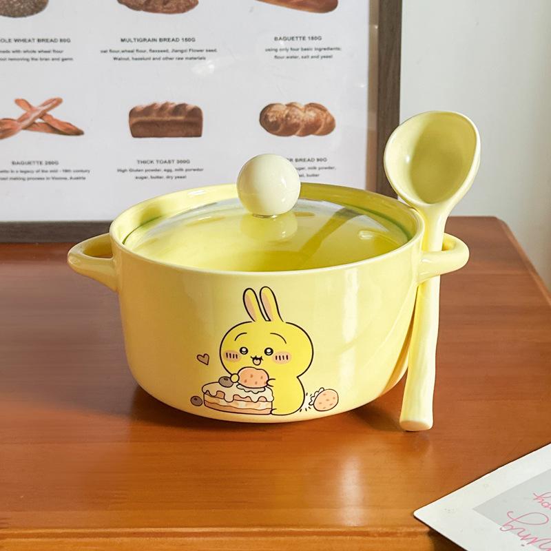 High-value Cute Tableware Ceramic Instant Noodle Bowl with Lid Children's Rice Bowl Student Dormitory Instant Noodle Bowl Binaural Soup Bowl