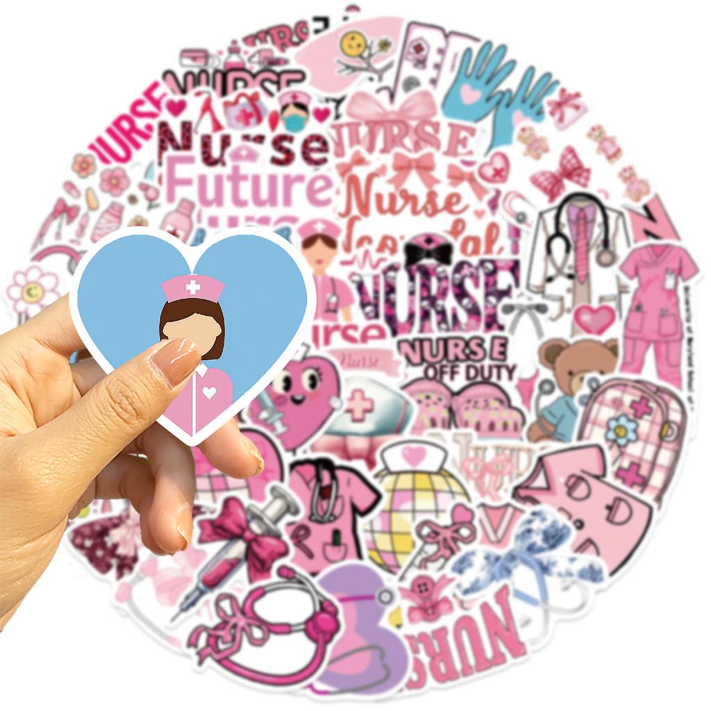 50 Pink Bow Nurse Graffiti Stickers Decorate Guitar Laptop Suitcase DIY Waterproof