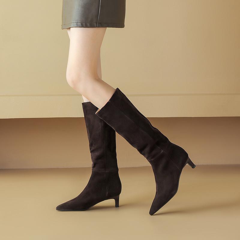 Fashion 2025 New Trend Natural Cow Suede Women Shoes Autumn Winter Slip-On Boots Burgundy High Chunky Heels Pointed Toe Knee High Boots