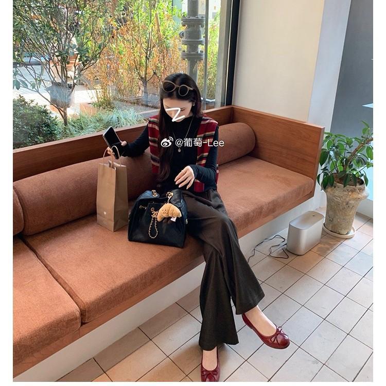 Grape Mother, the Same Oil Wax Feeling Washed Horse Skin, Small Round Head Bow, Shallow Mouth Single Shoes, Women's Versatile Ballet Flats