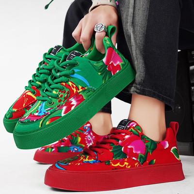 Mode Homme Sneakers en Toile Florale Orientale Automne Style Chinois Street Hip Hop Chaussures Décontractées Respirantes Imprimé Brodé Marche Quotidienne
