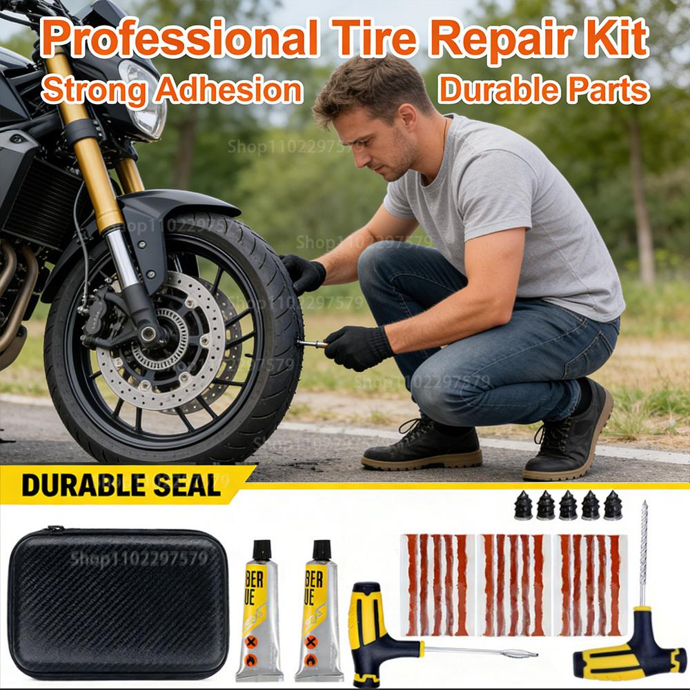 Tire Repair Kit Emergency Tyre Puncture Plug Tool Set with Repair Glue & Rubber Strips for Car Motorcycle Bicycle