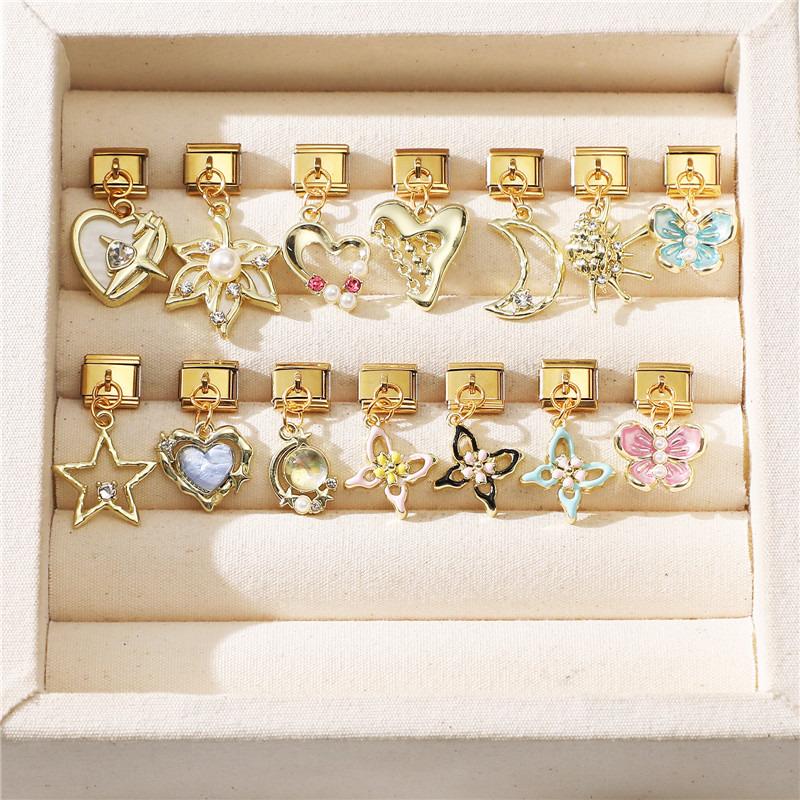 Vintage Pearls Zircon Bow Heart Butterfly Gold Color Pendant Italian Charm Links Stainless Steel Fit 9mm Bracelet DIY Jewelry