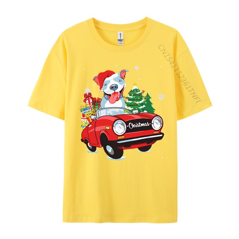 Cute Pitbull Dog Santa Hat Red Car Christmas T Shirt Tees High Quality Cotton Printed Gift T Shirt Men 100 Cotton