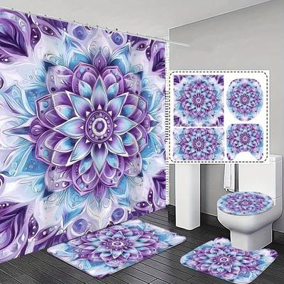 1/4Pcs Bathroom Shower Curtain Set Teal Bohemian Style Bathroom Curtain With 12 Hooks Non Slip Rugs Toilet Cover Mat Bathroom Partition