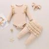 Autumn 2023 Baby Girl Ribbed Ruffle Bodysuit & Pants Set with Bow