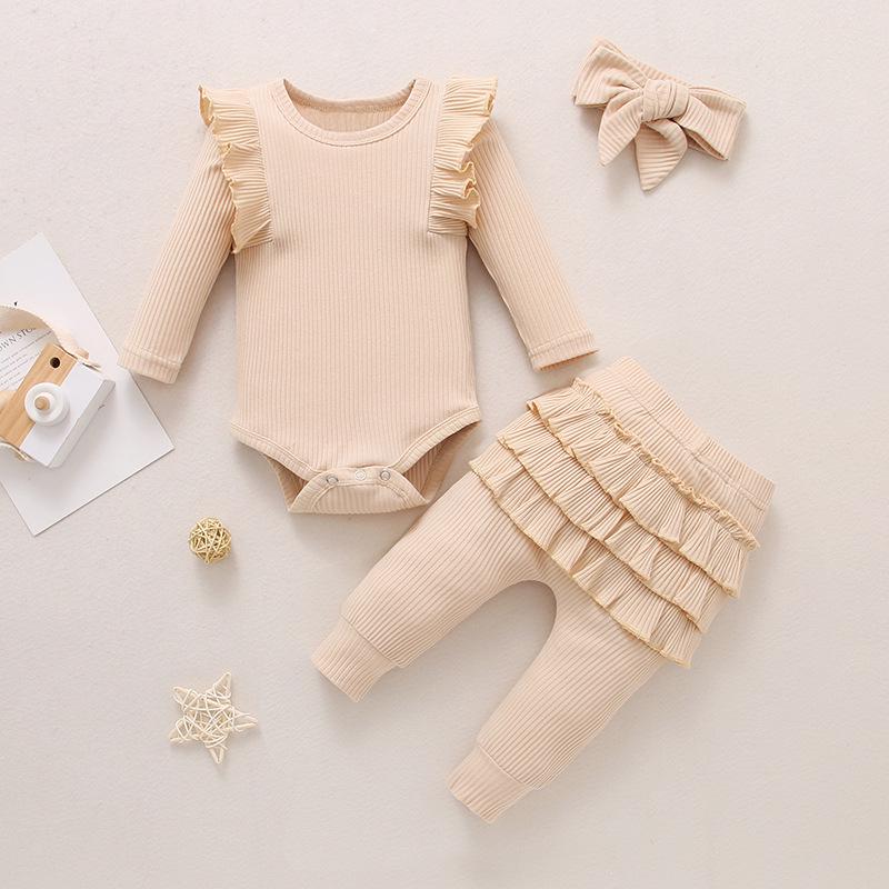 Autumn 2023 Baby Girl Ribbed Ruffle Bodysuit & Pants Set with Bow